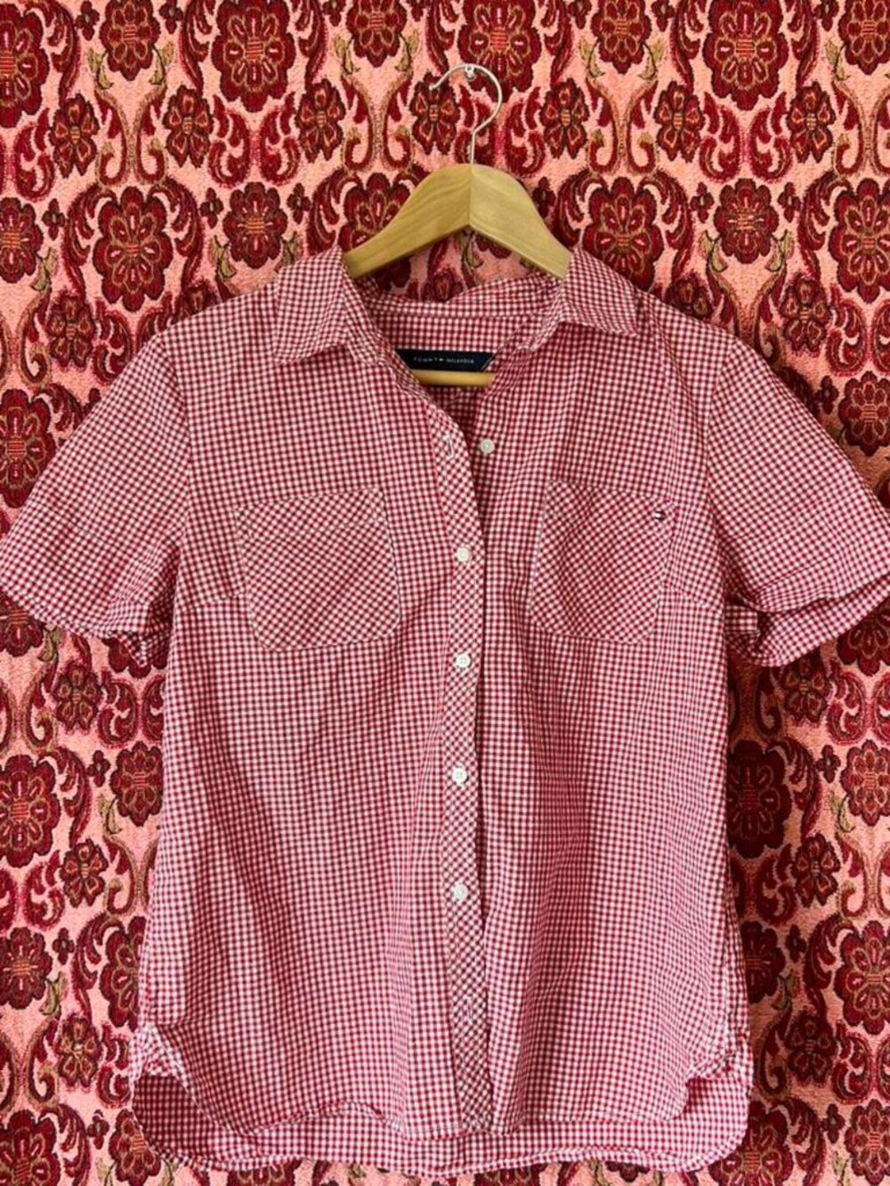 Tommy Hilfiger Women's Red and White Gingham Shirt